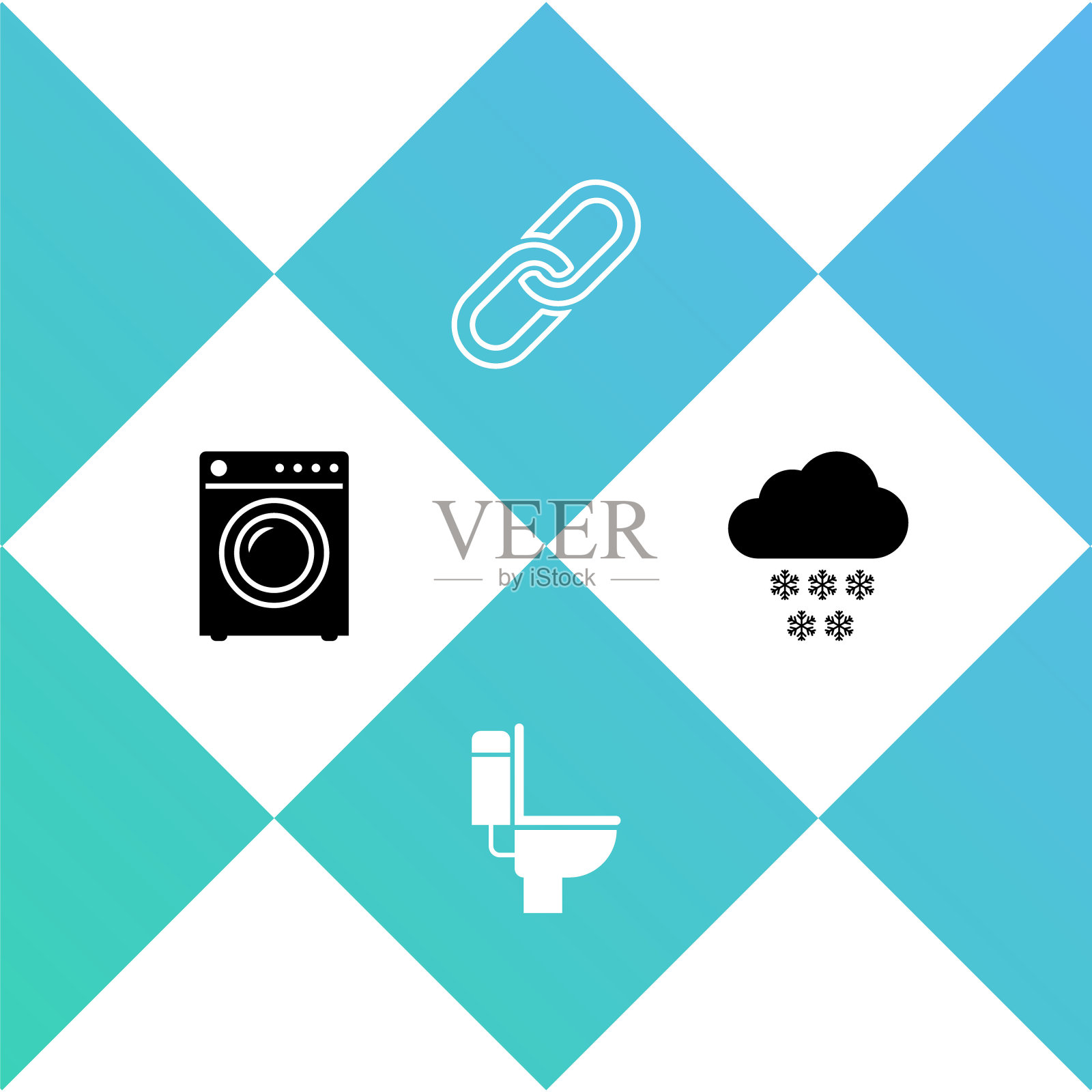 设置洗衣机，抽水马桶，链环和云与雪图标。向量插画图片素材