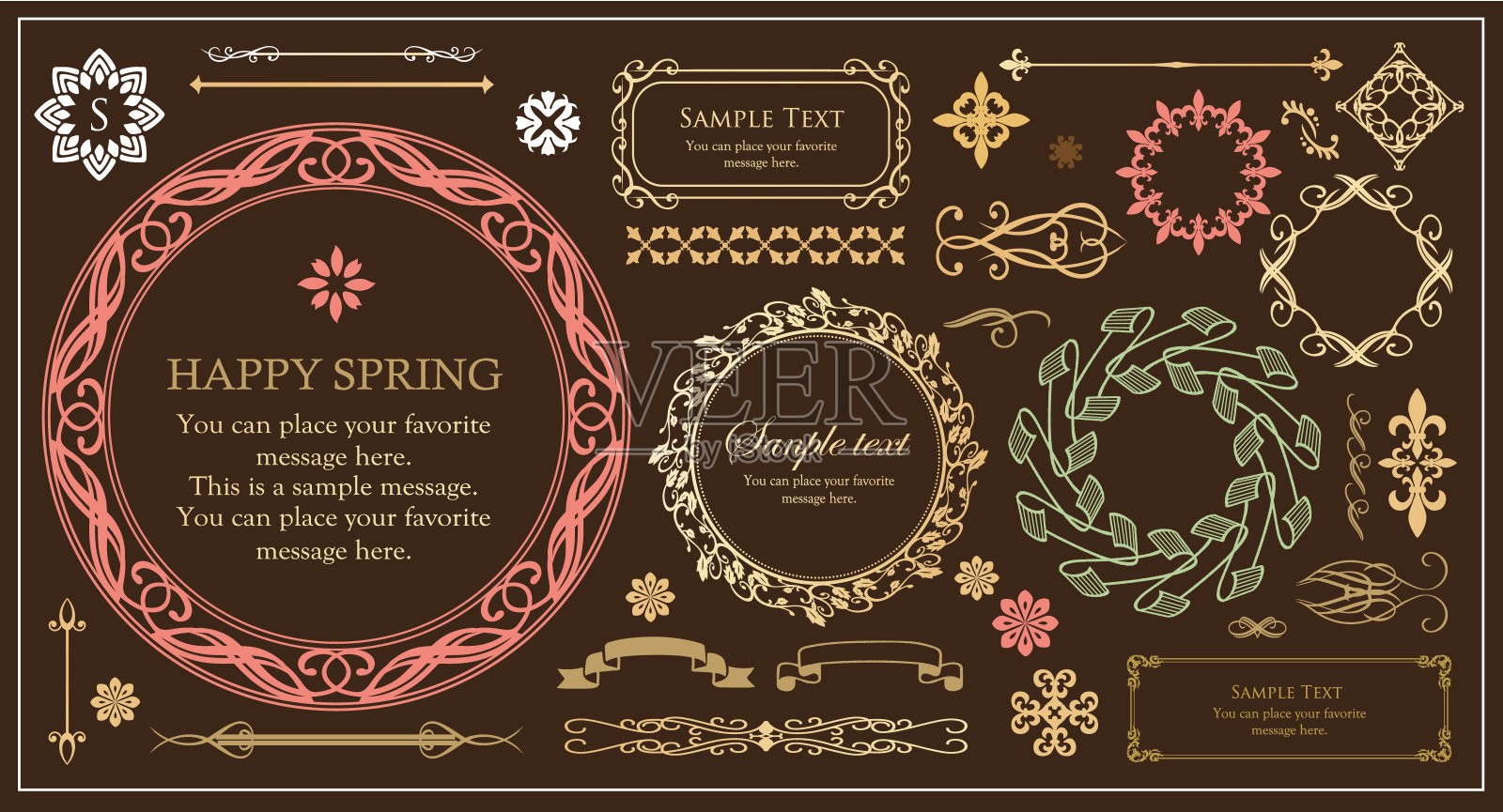 春季植物motif框架。复古的花。装饰设计。时髦的治疗插画图片素材