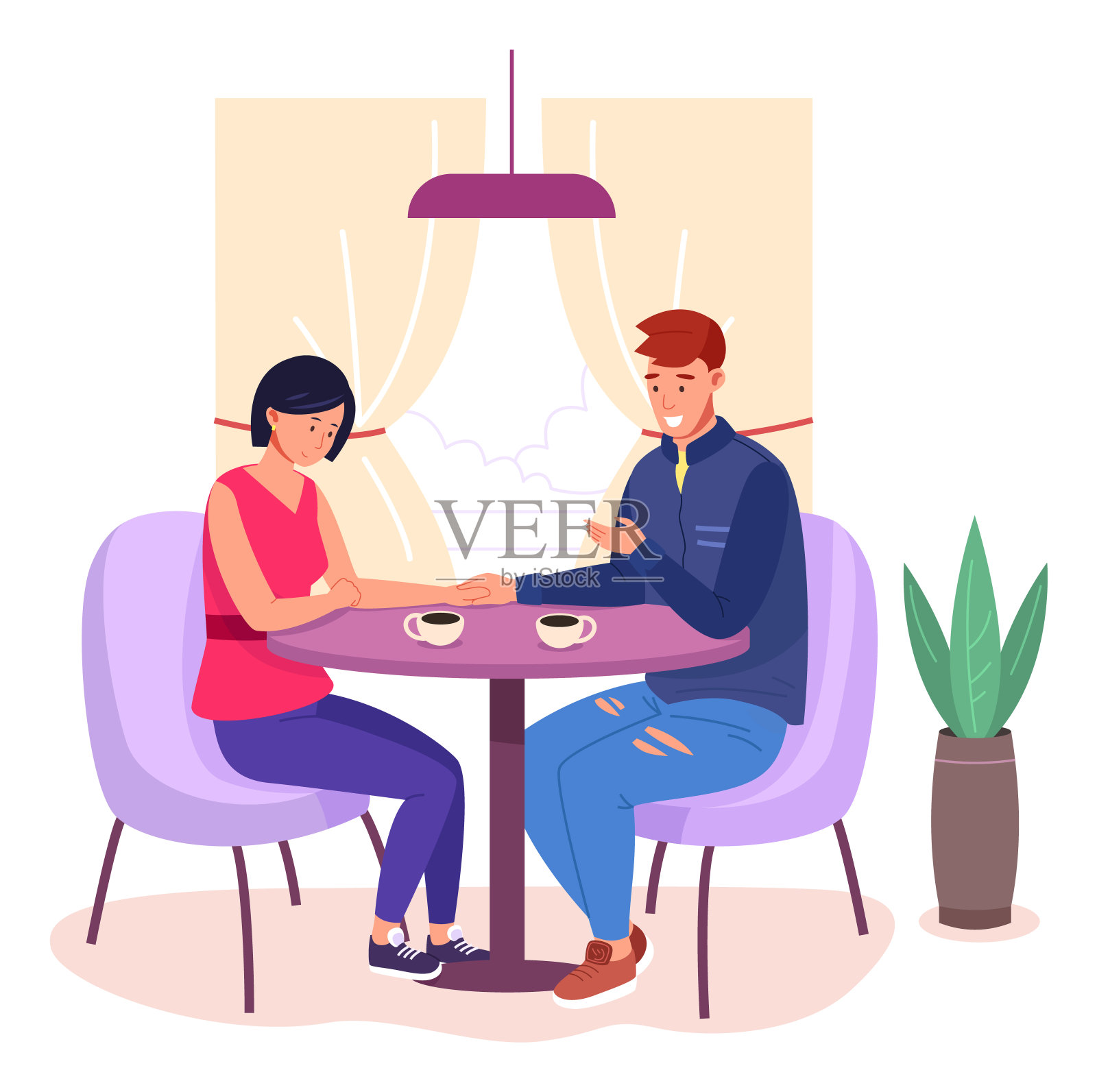 男人和女人坐在咖啡馆的桌子旁。浪漫的约会插画图片素材