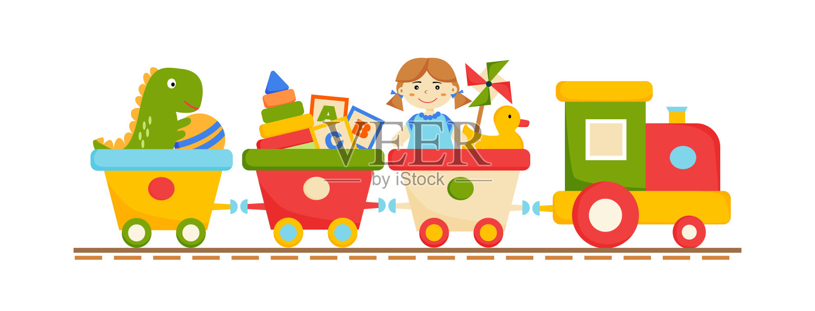 儿童火车运载玩具。恐龙，洋娃娃，鸭子，球，金字塔，小熊坐在马车里。儿童铁路。矢量插图孤立在白色背景上。插画图片素材