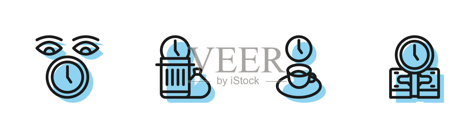 设置线咖啡时间，时钟，浪费和时间是金钱的图标。向量图标素材