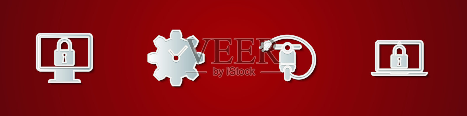 设置锁定监视器，时间管理，电动滑板车和笔记本电脑和锁图标。向量图标素材