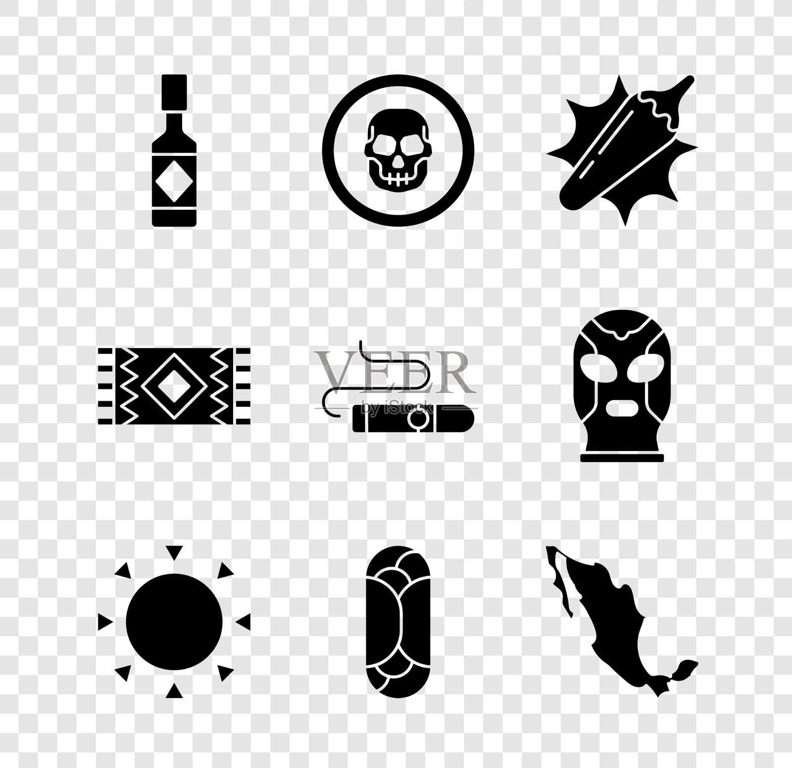 设置塔巴斯科辣酱墨西哥头骨硬币辣椒图标素材