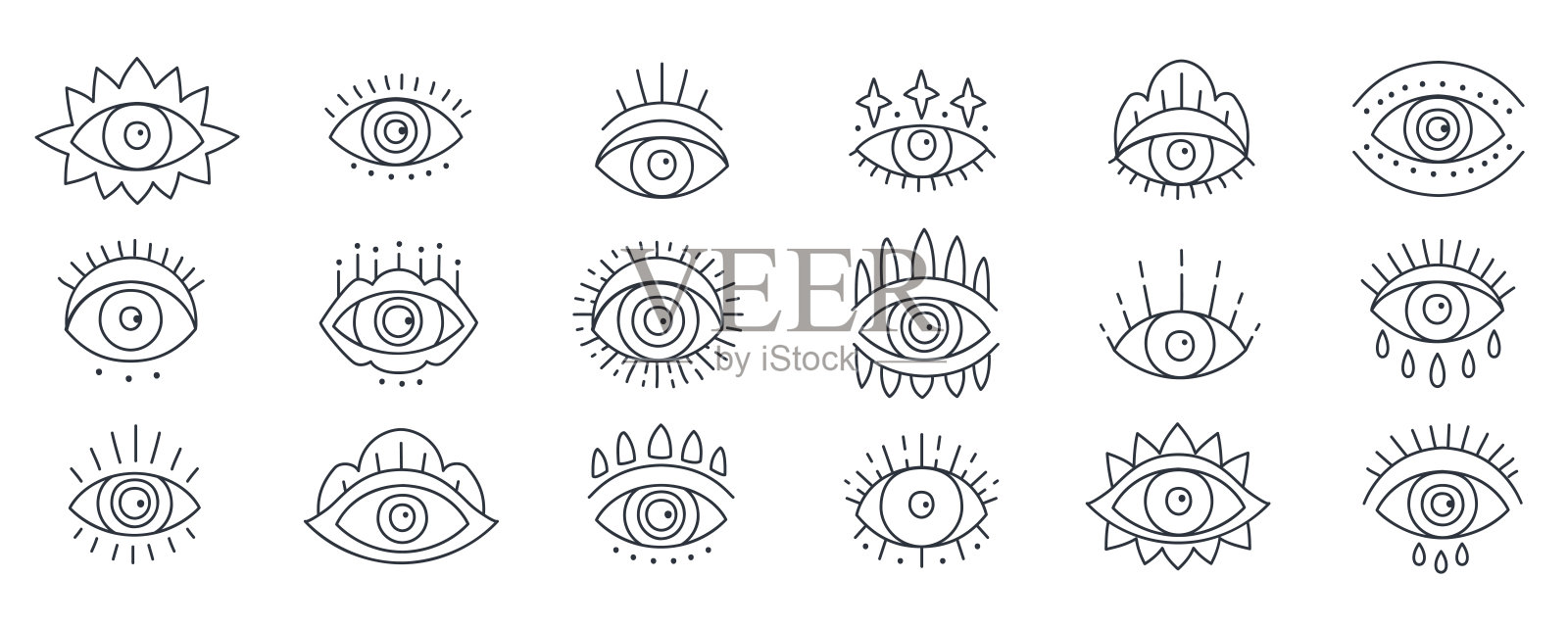 邪恶的魔法涂鸦眼睛设置在趋势最小的线性风格插画图片素材