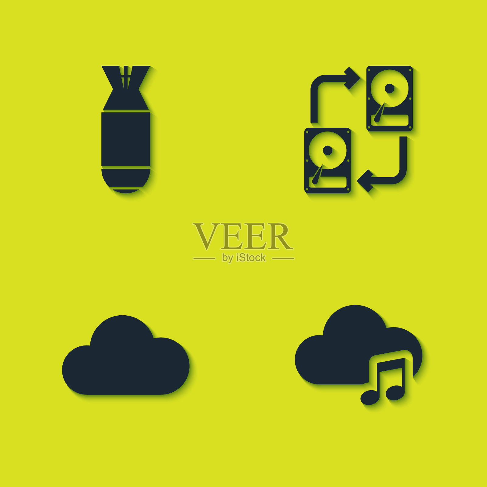 使用hhd图标设置航空炸弹、音乐流媒体服务和数据交换。向量图标素材