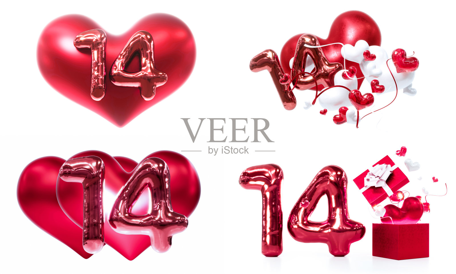 情人节快乐，美丽的心在白色背景为2月14号数字，3D渲染照片摄影图片