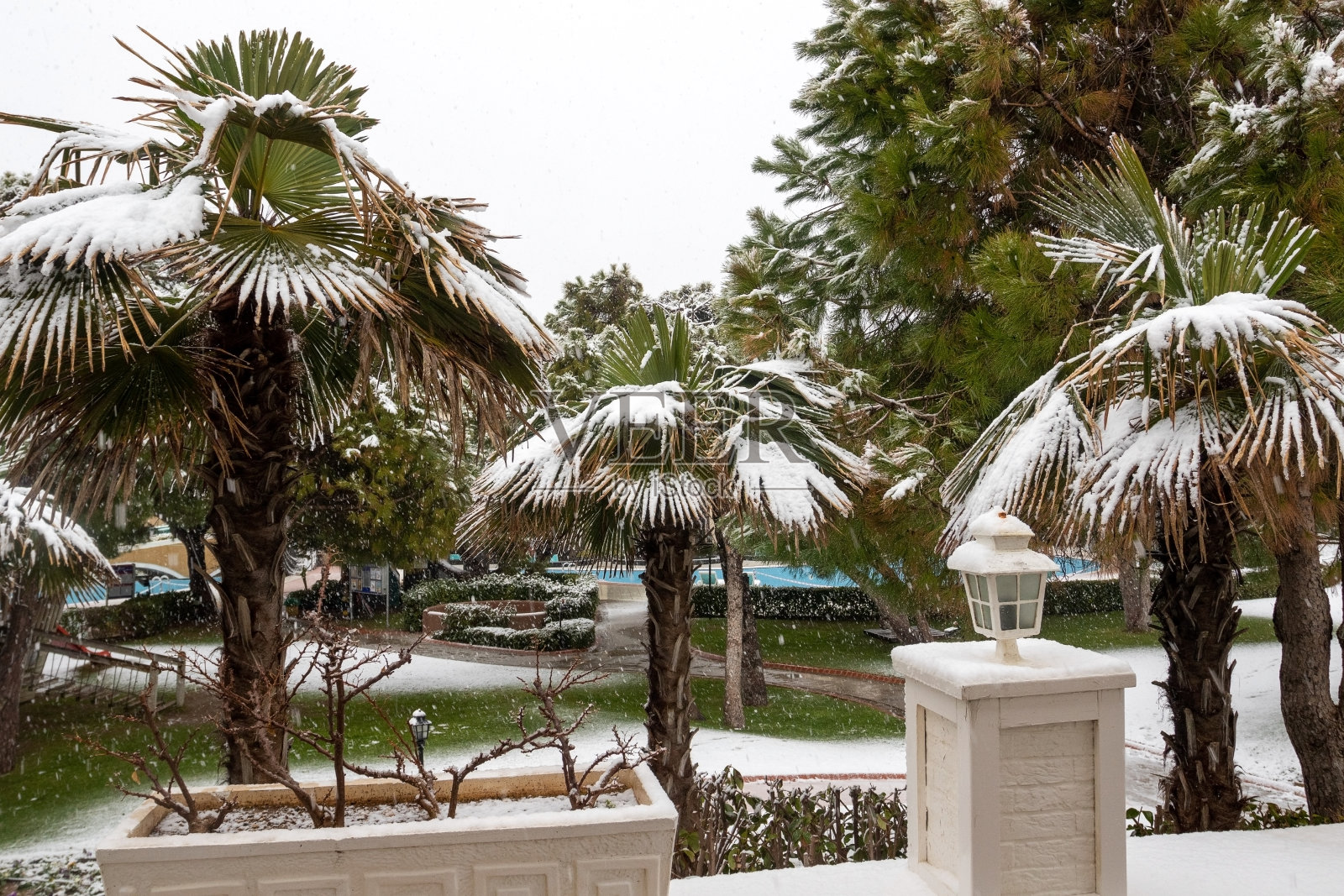 地中海沿岸遭遇大雪。暴风雪和白色的棕榈树。空荡荡的海滩和酒店咖啡馆。照片摄影图片