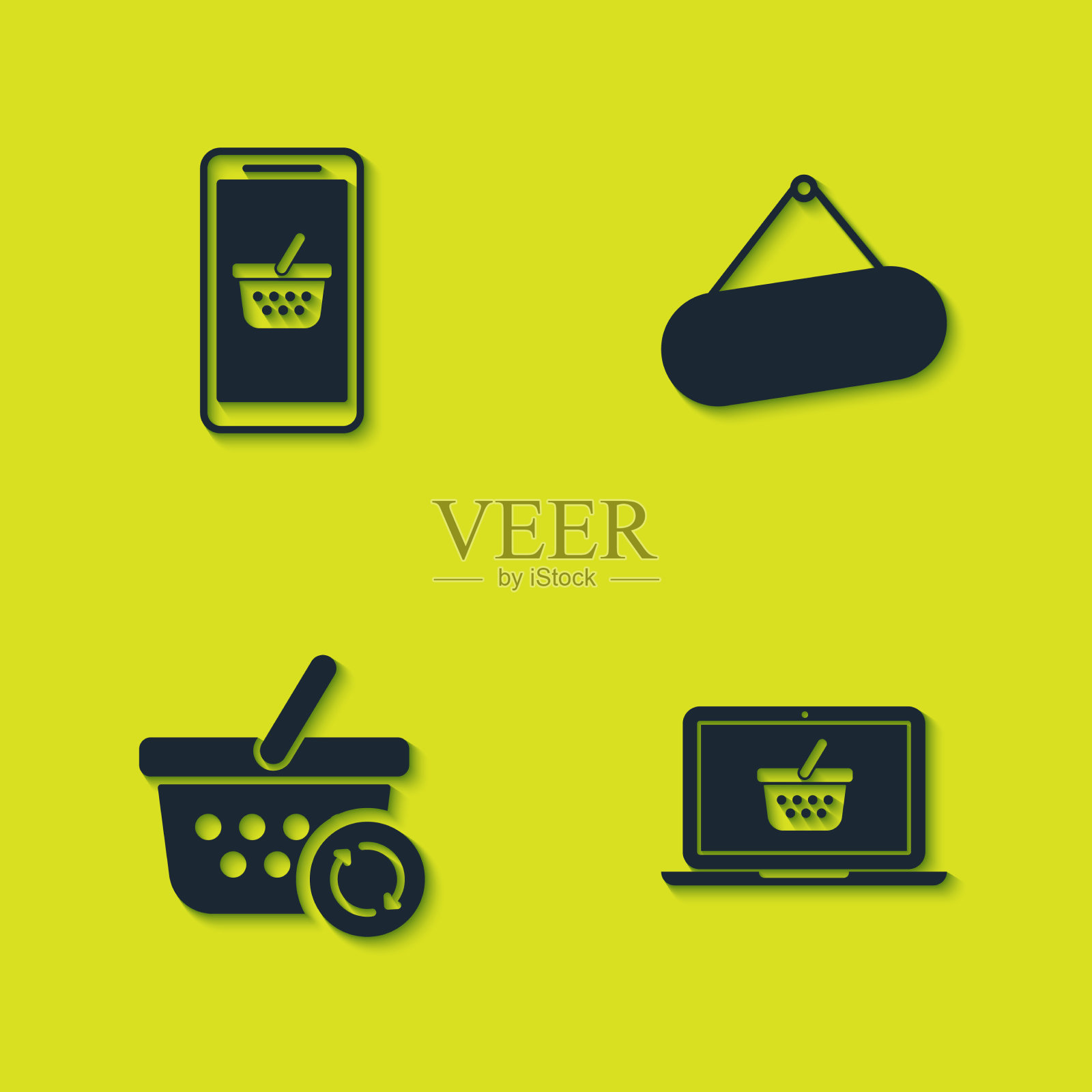 在笔记本电脑上设置手机和购物篮购物图标素材