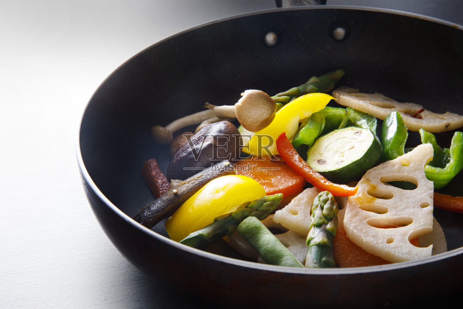 平底锅里五颜六色的蔬菜。在煎锅中放入五颜六色的蔬菜，如莲藕、灯笼椒、芦笋、胡萝卜等。照片摄影图片