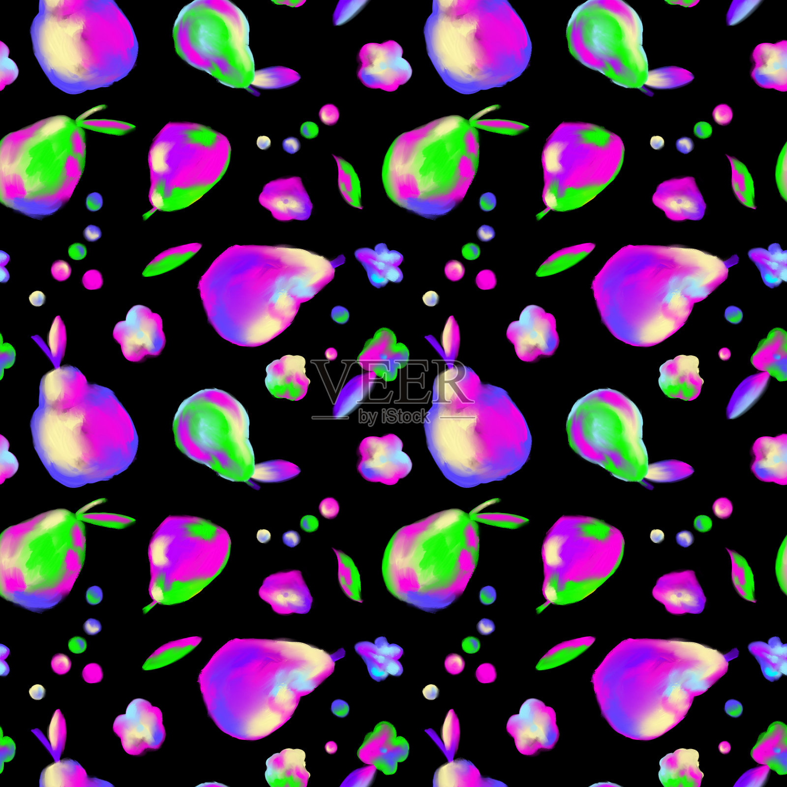 霓虹灯模糊的梨子图案上的黑色插画图片素材