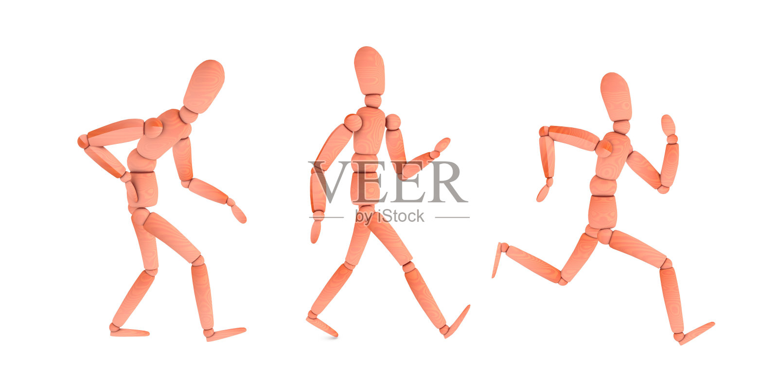 三维插图的木制人体模型与关节疼痛，行走和跑步。照片摄影图片