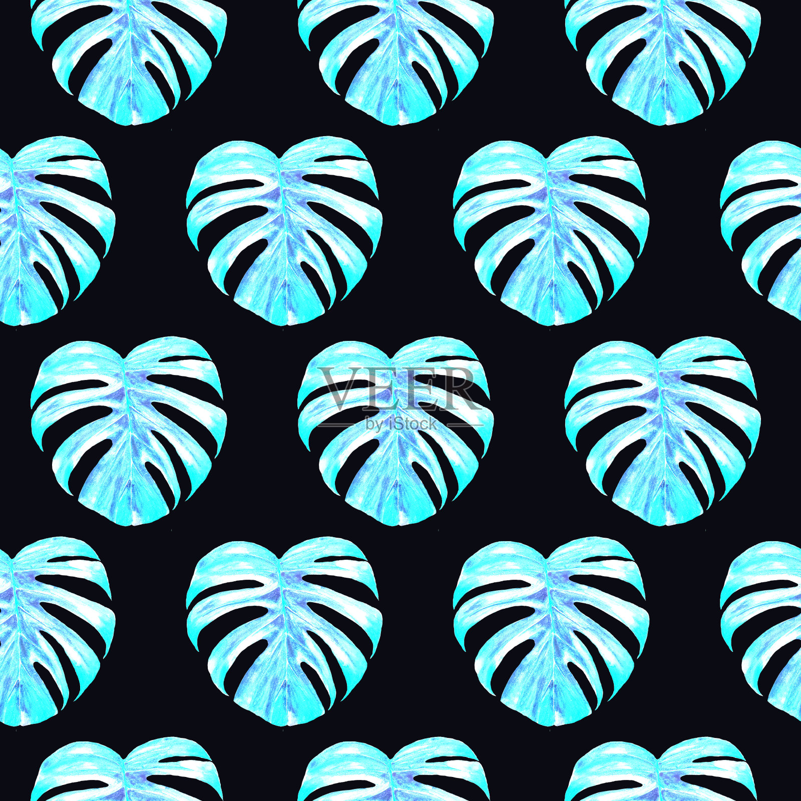 无缝图案与蓝色水彩Monstera叶子插画图片素材