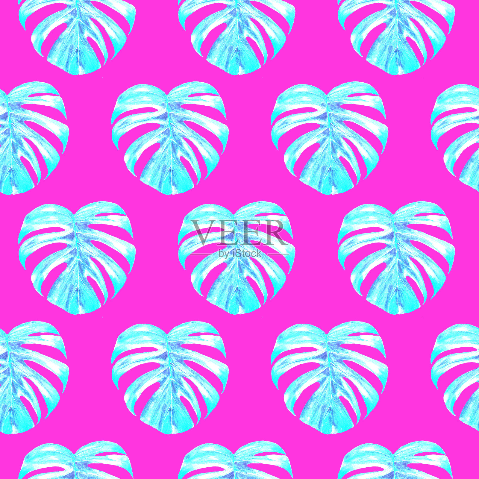 无缝图案与蓝色水彩Monstera叶子插画图片素材