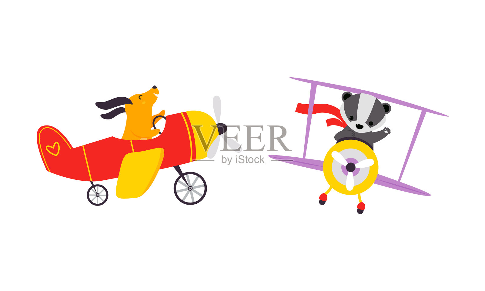 可爱的狗和獾动物在飞机上飞行设计元素图片