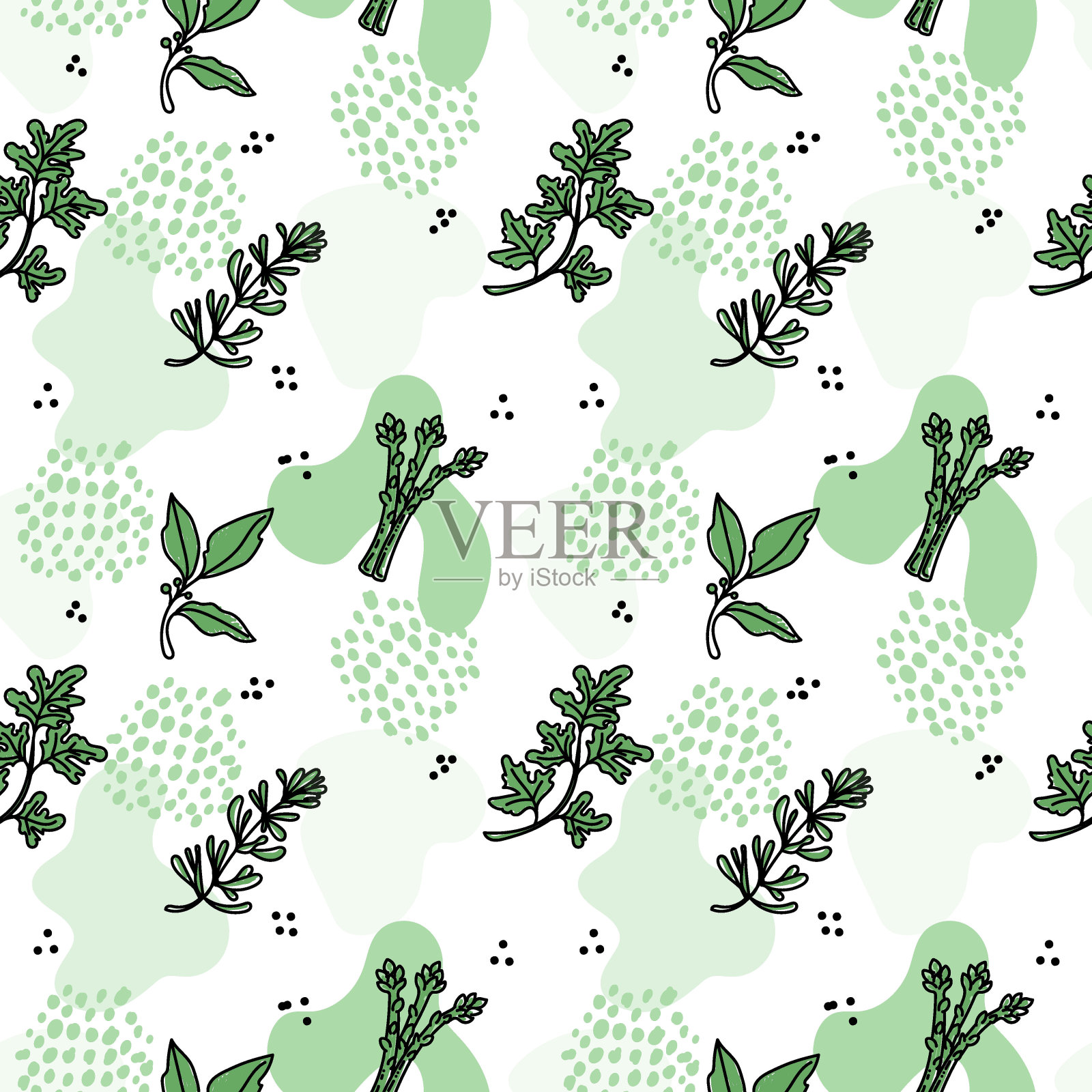 无缝的草本图案，以涂鸦风格绘制元素。香草和香料-欧芹，芦笋，迷迭香和月桂叶。图案在时尚的线性风格和绿色调色板。插画图片素材