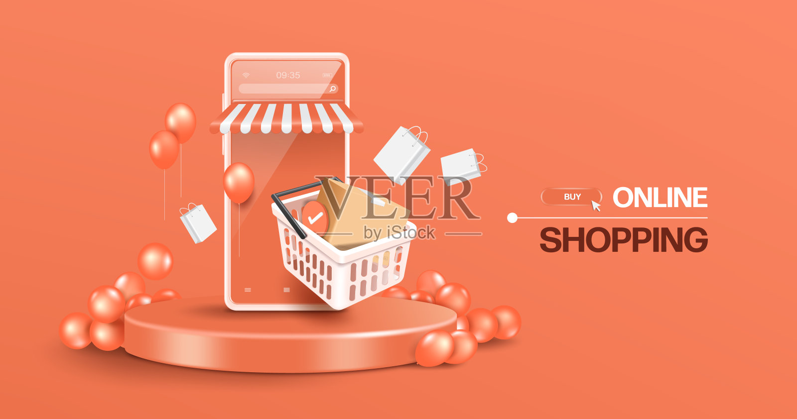 盒子和订单确认图标在白色的购物车中，漂浮在智能手机商店的前面插画图片素材