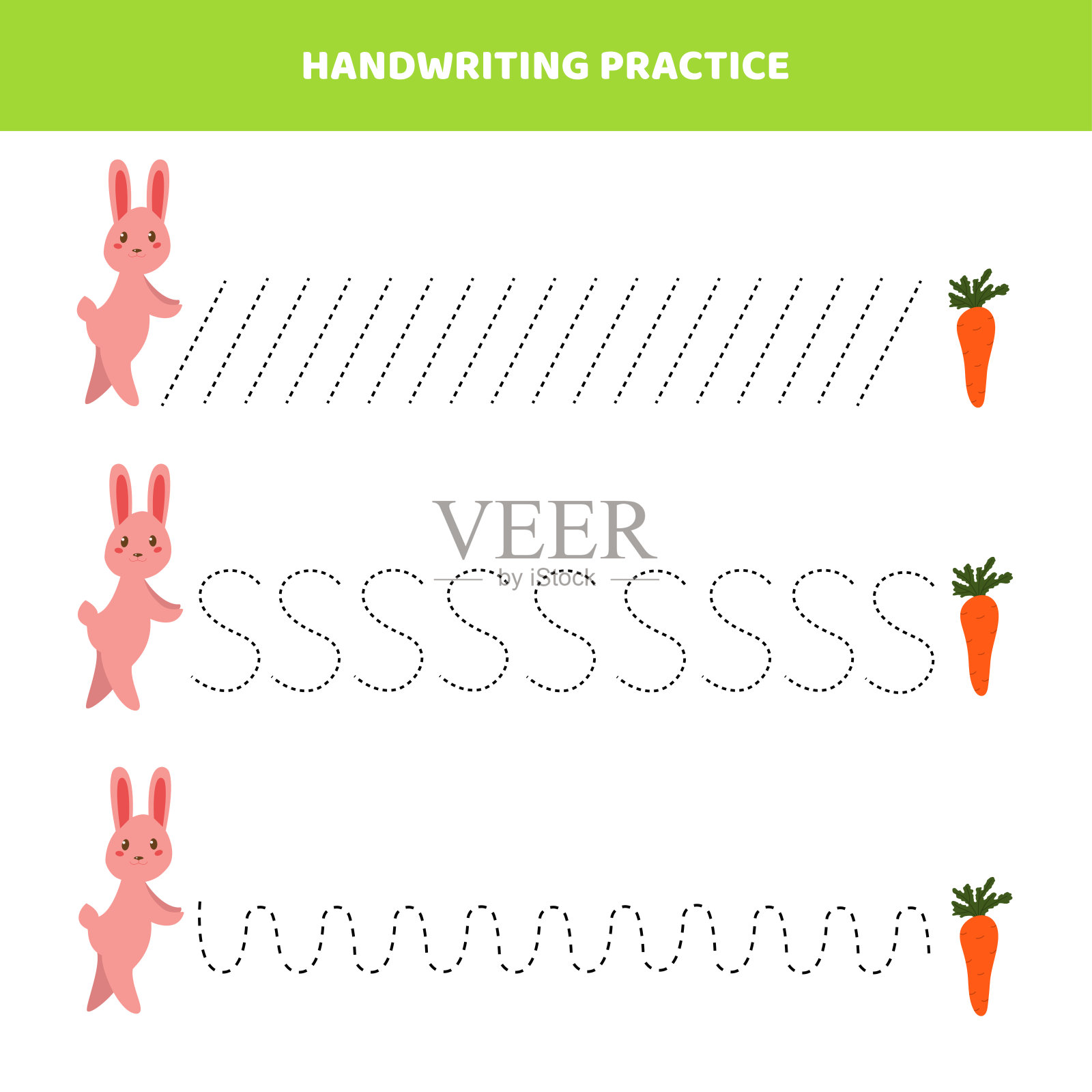 用卡通兔子和胡萝卜练习孩子的书写。插画图片素材