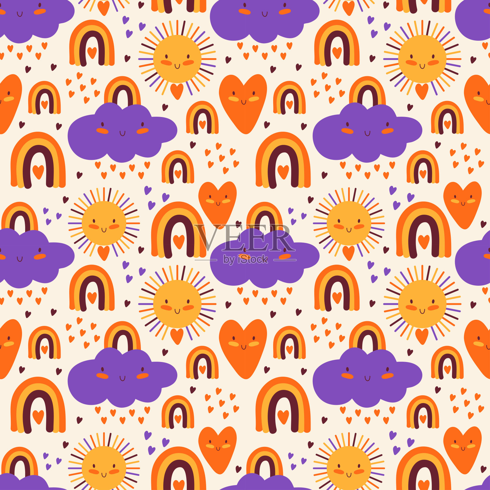 婴儿无缝图案，有可爱的云、太阳、彩虹、雨的心和微笑的心。卡哇伊的漫画人物。手绘平面插图。幼稚的斯堪的纳维亚色彩丰富的装饰印花设计插画图片素材