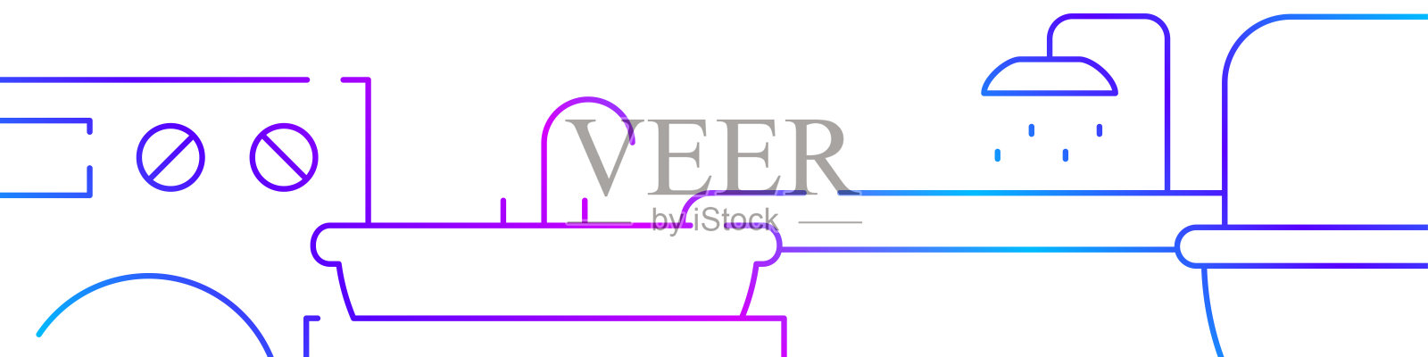 浴盆及卫生用品相关横条幅或边框模板。平面线矢量插图孤立在白色插画图片素材