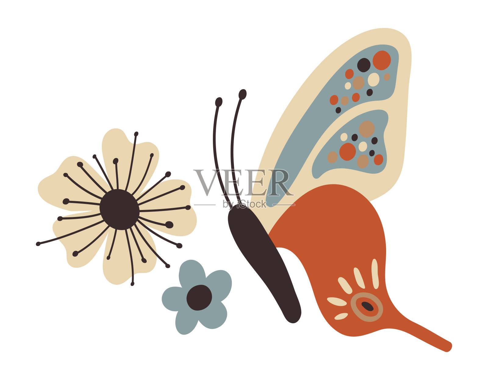 带着小花的蝴蝶。可爱的春天的插图。插画图片素材