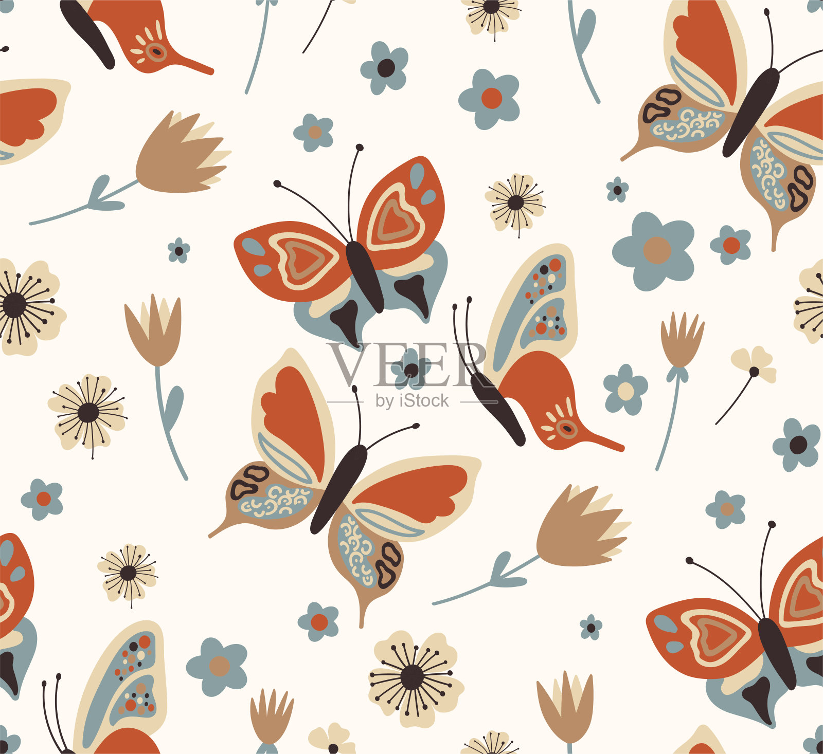 蝴蝶和鲜花。无缝模式与手绘矢量元素。插画图片素材