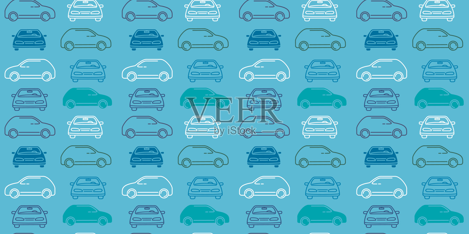 矢量水平插图的线车在蓝色的背景。线条艺术风格的停车场无缝图案设计插画图片素材
