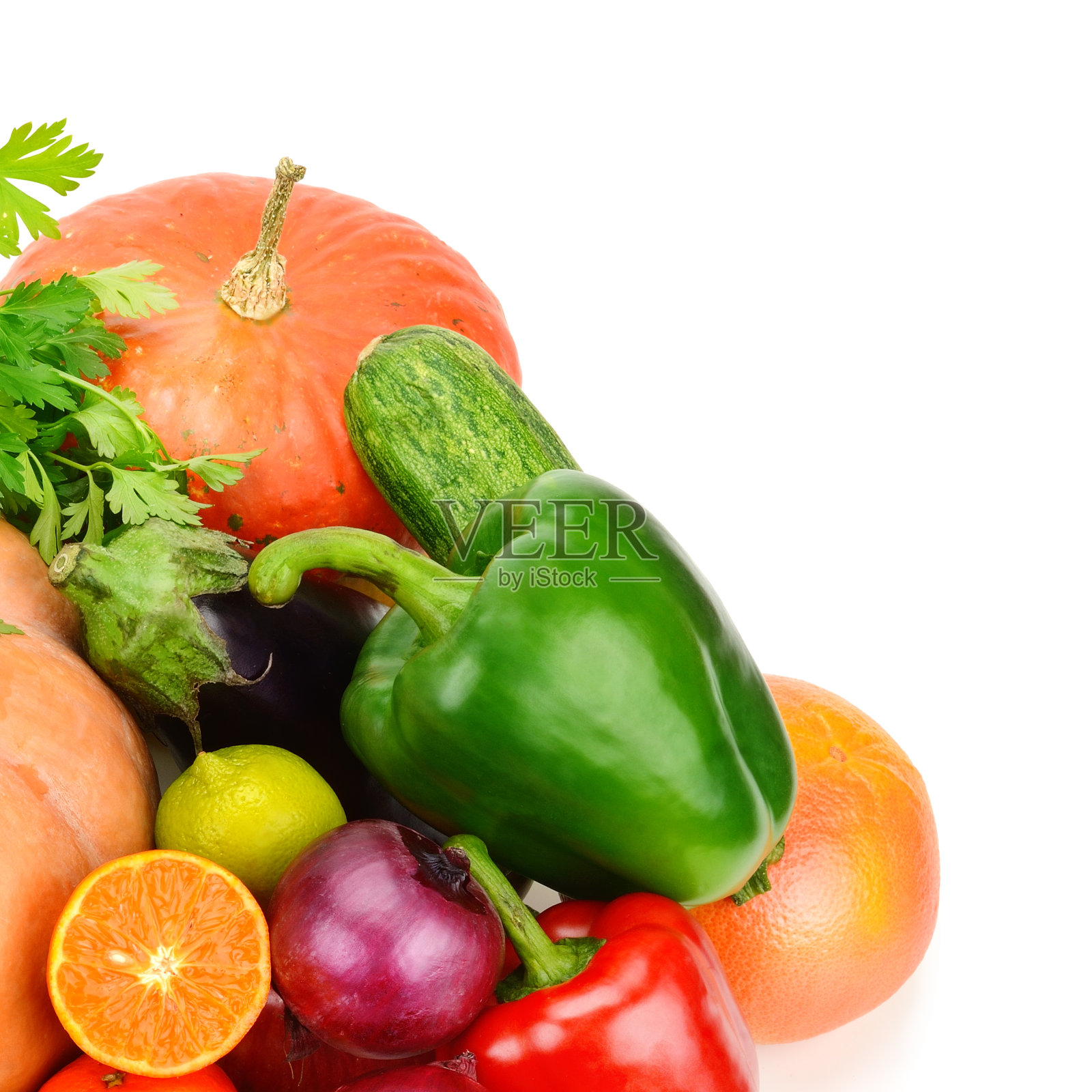 孤立在白色背景上的蔬菜和水果。照片摄影图片
