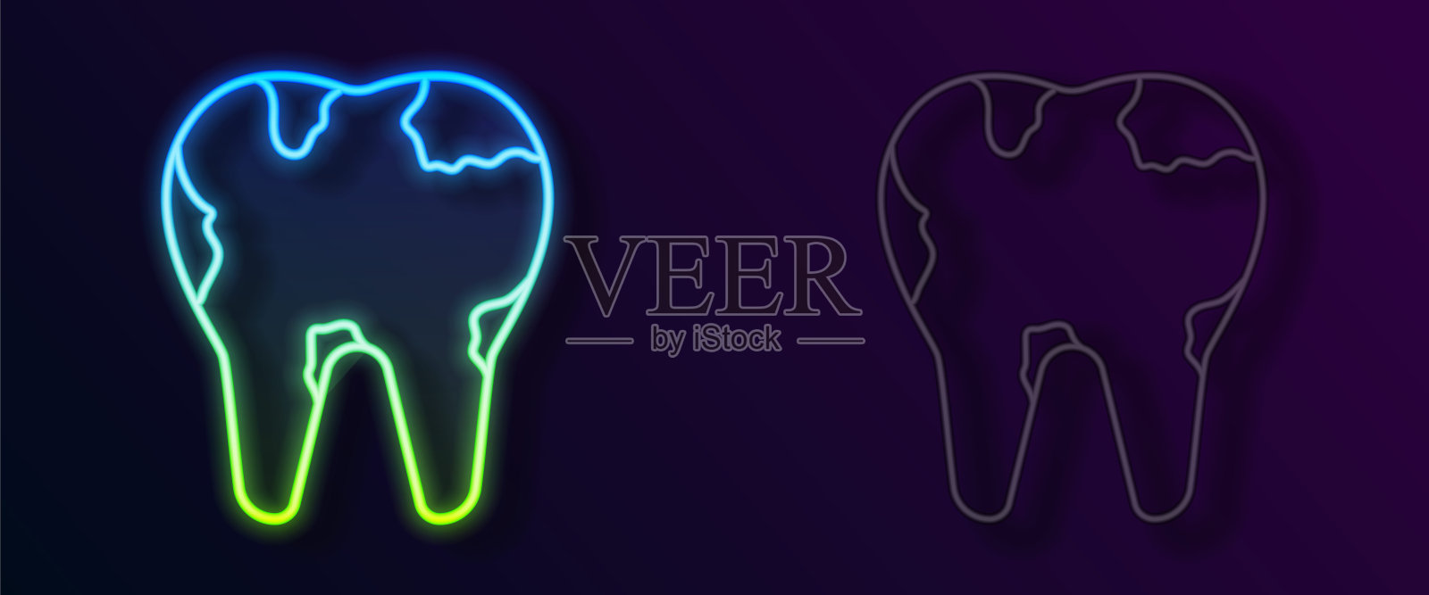 发光的霓虹灯线断齿图标孤立在黑色背景。牙科问题图标。牙科保健的象征。向量插画图片素材