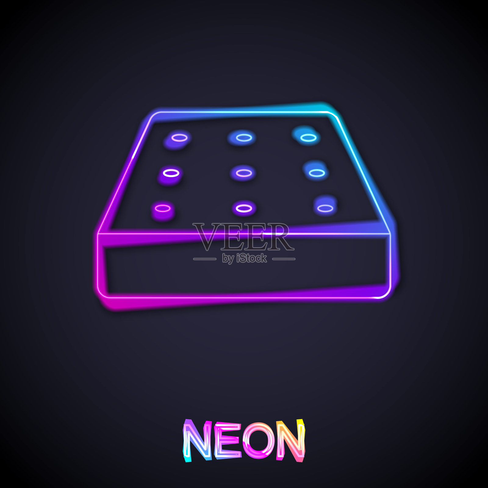 发光的霓虹灯线床垫图标孤立在黑色背景。软垫舒适的睡眠床床垫。向量插画图片素材