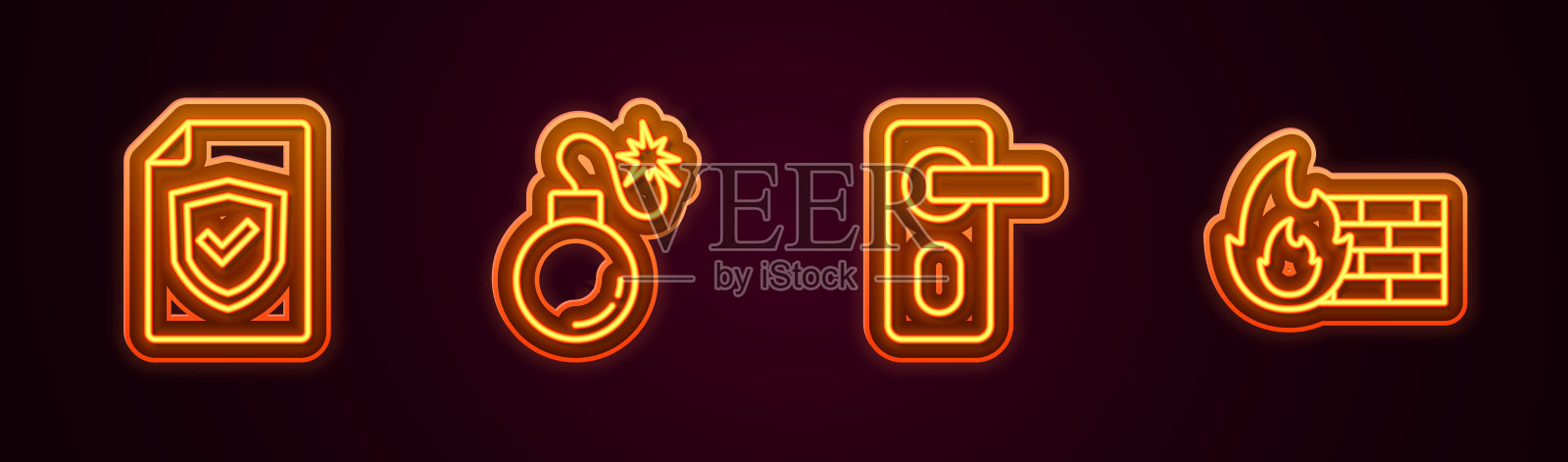 设有屏蔽、炸弹、指纹门锁、防火墙、安全墙等线路。发光的霓虹灯图标。向量图标素材