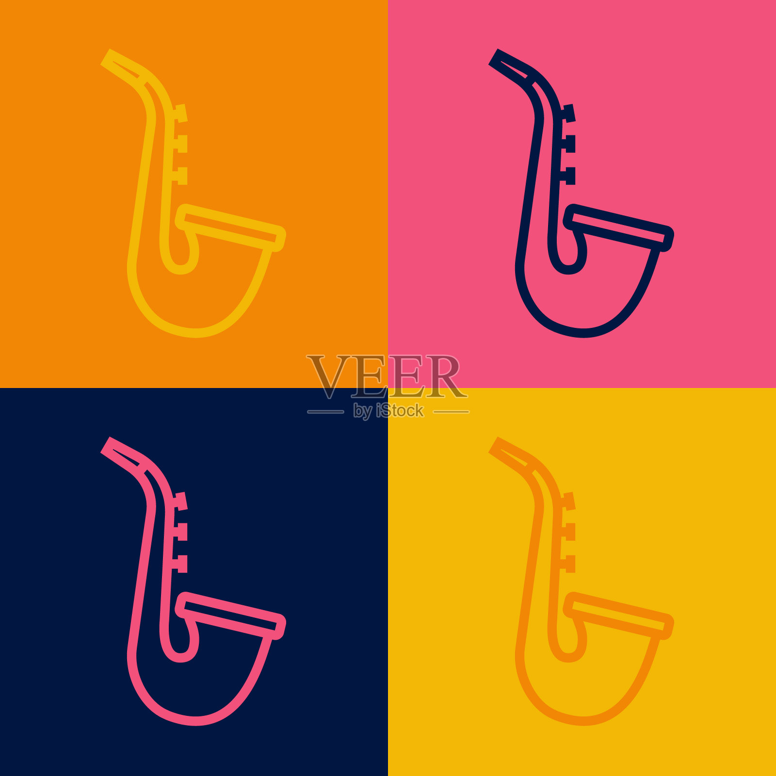 波普艺术线乐器萨克斯管图标孤立的颜色背景。向量插画图片素材