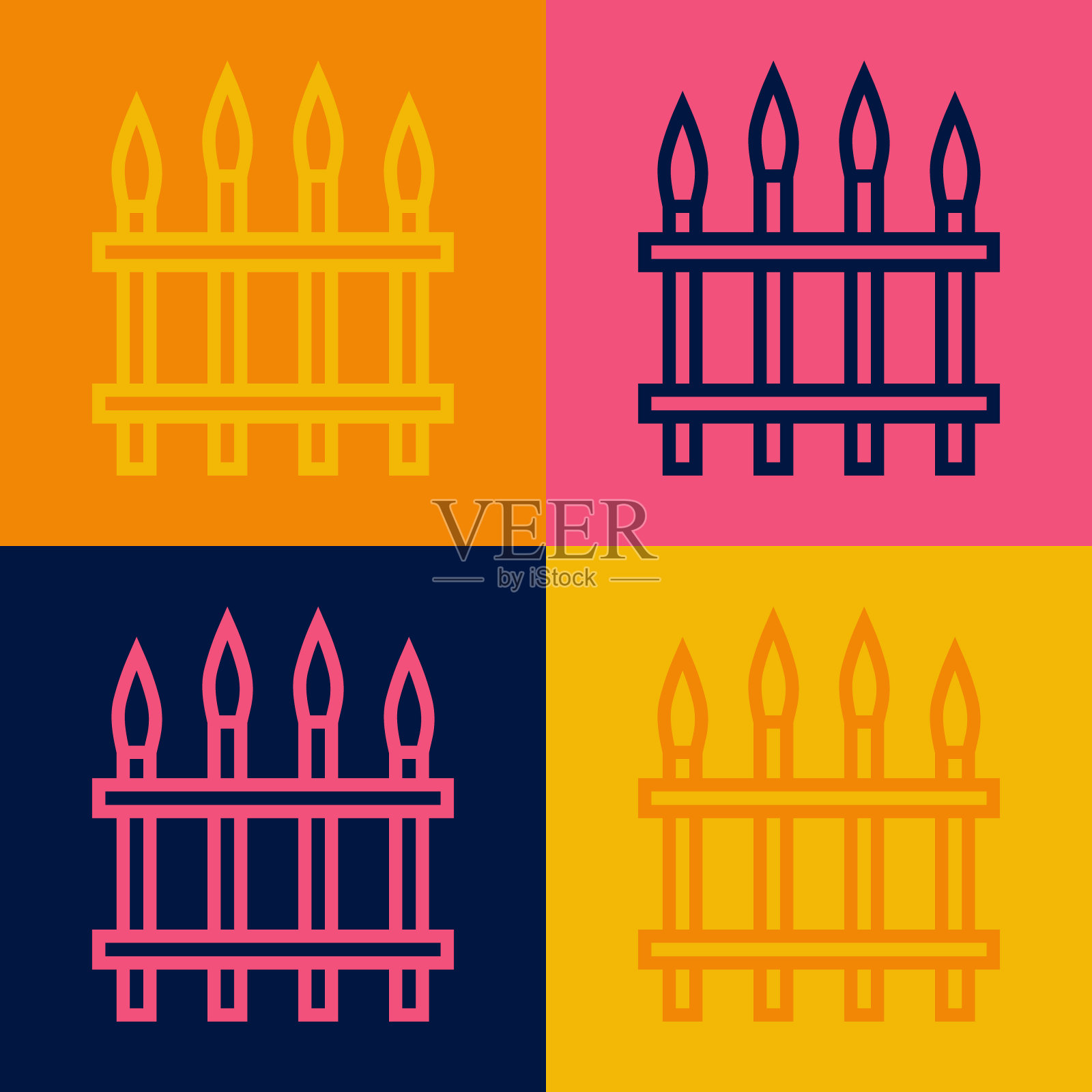 流行艺术线条经典的铁栅栏与金属柱图标孤立的颜色背景。古老的锻铁栅栏。向量插画图片素材