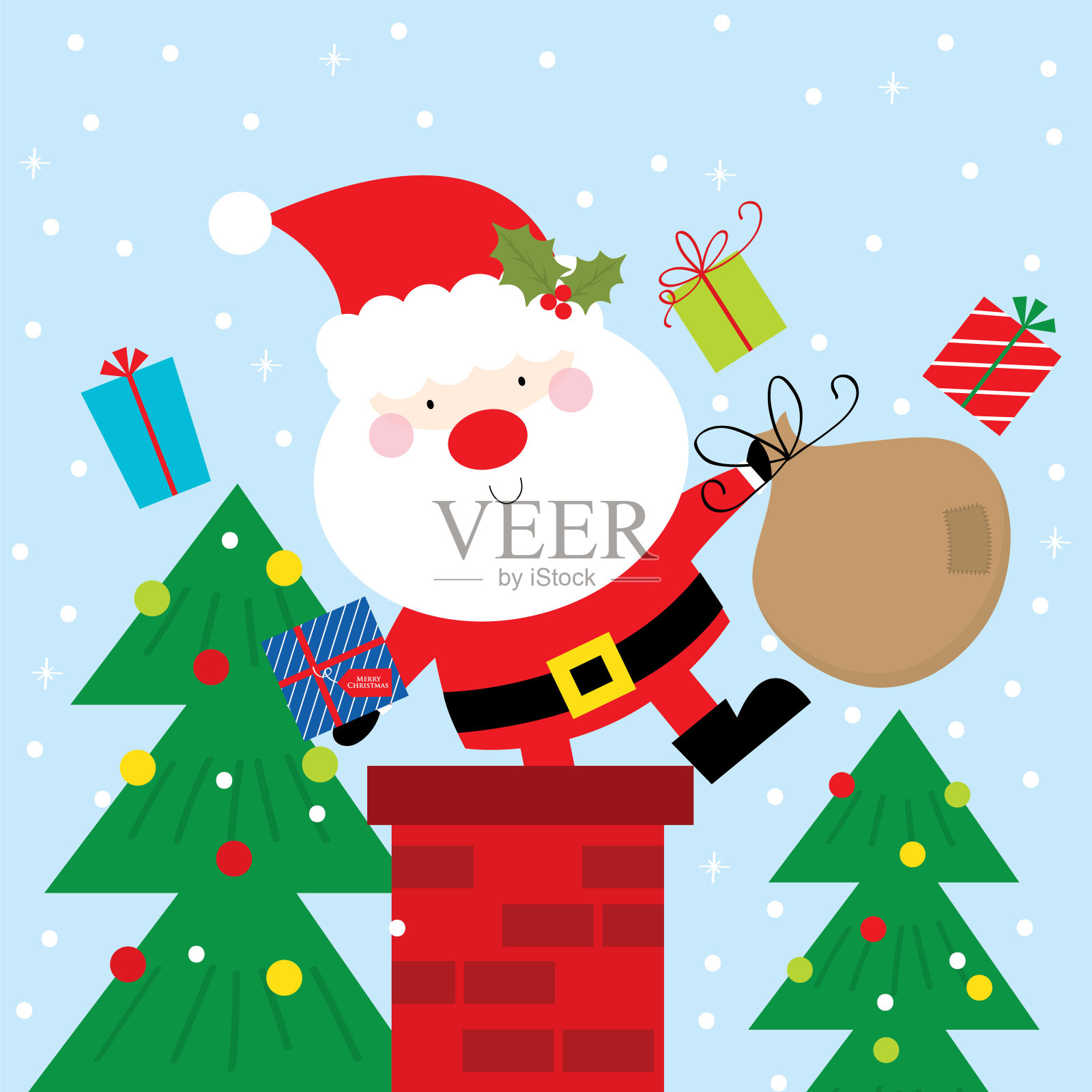 圣诞老人在烟囱贺卡设计插画图片素材