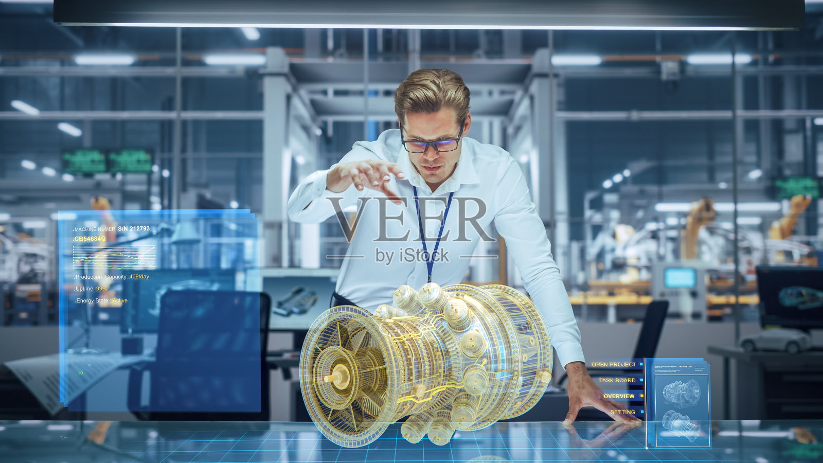 高科技产业:工程师设计3D引擎，利用增强现实全息图表分析原型模型。绿色能源发电涡轮。机器人手臂自动化制造照片摄影图片