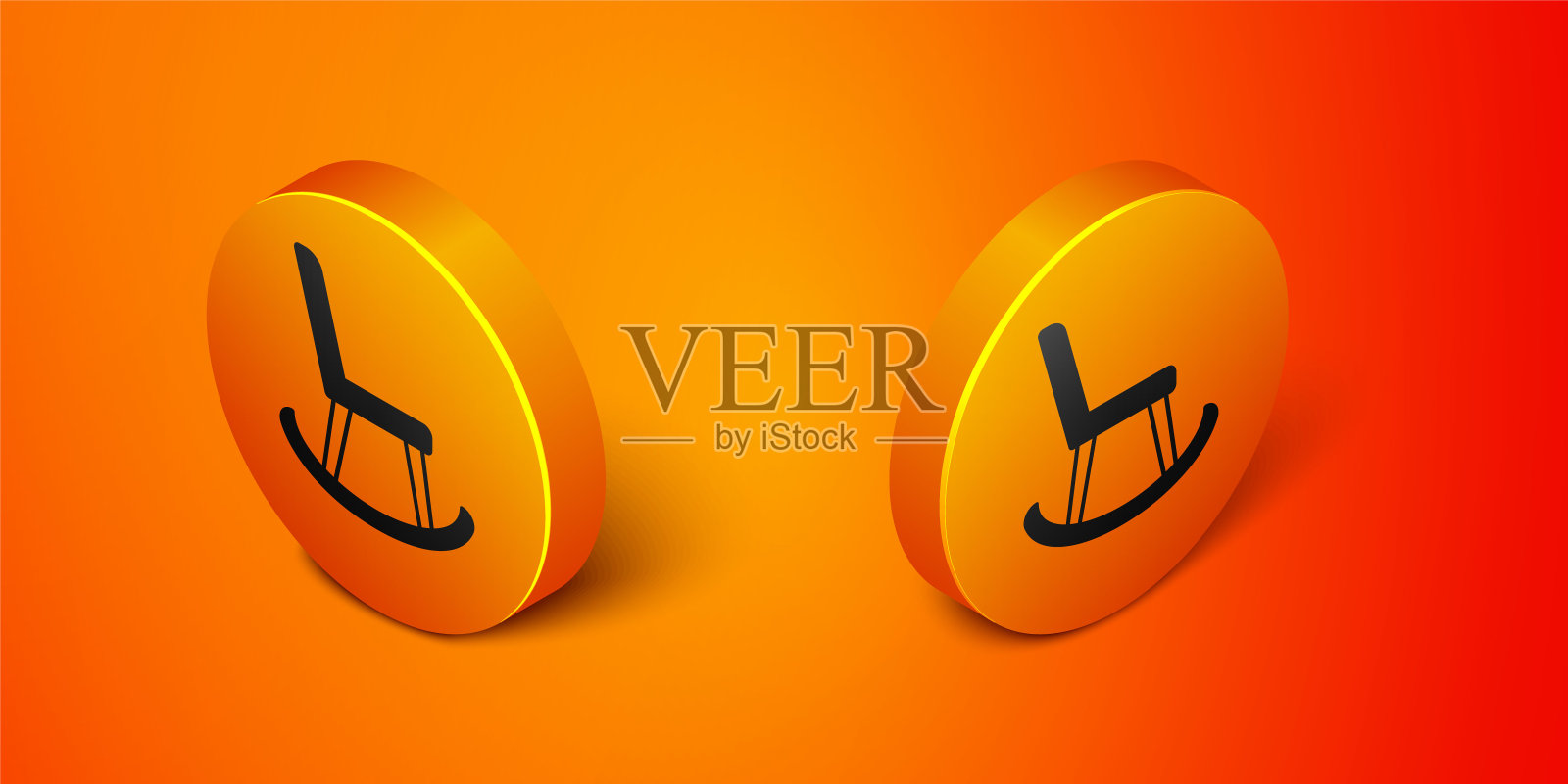 扶手椅图标孤立在橙色背景上。橙色圆按钮。向量插画图片素材