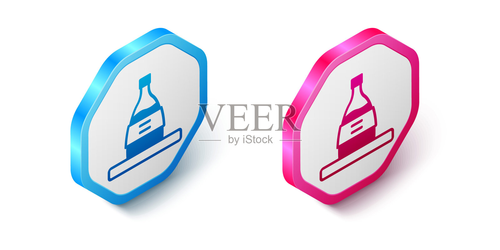 等距瓶的清酒图标孤立在白色背景上。六角按钮。向量图标素材