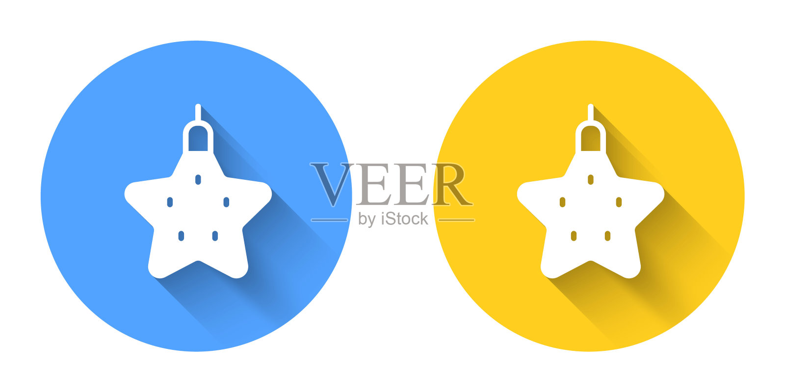 白色圣诞明星图标孤立与长阴影背景。圣诞快乐，恭贺新禧。圆按钮。向量图标素材