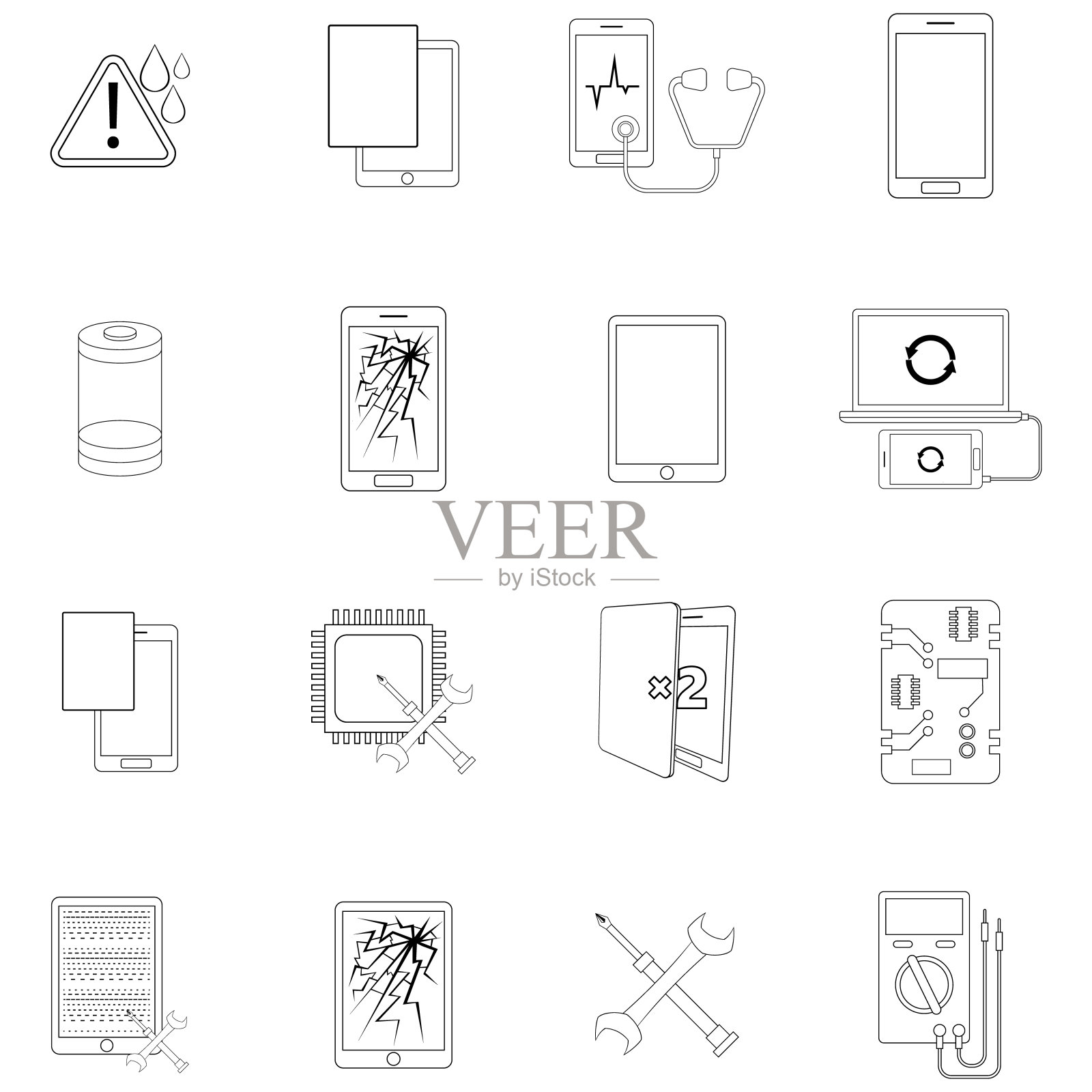 损坏的手机修复图标集大纲插画图片素材