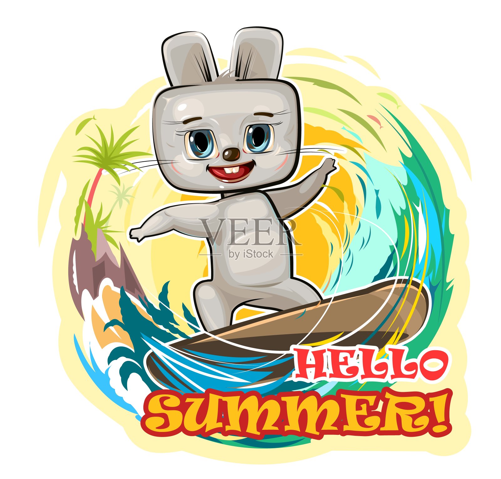 有趣可爱的兔子喜欢水上运动。你好,夏天。冲浪管。在热带海洋度暑假。在海浪中冒险和旅行。孤立的白色背景。卡通风格。向量插画图片素材