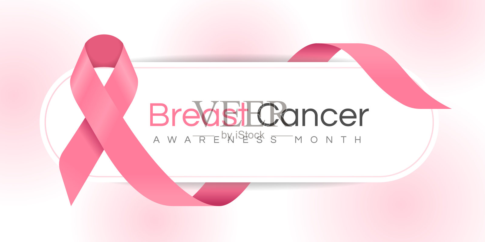 乳腺癌意识月的横幅文本与粉红色丝带标志挥动在软粉红色背景向量设计插画图片素材