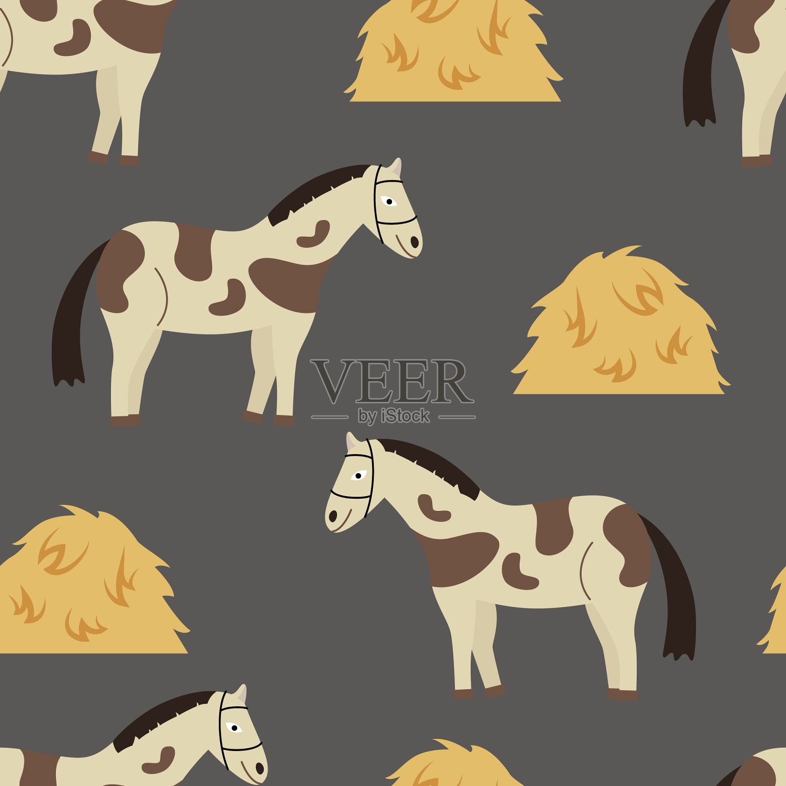 无缝模式与马，小马和干草堆上的灰色背景插画图片素材