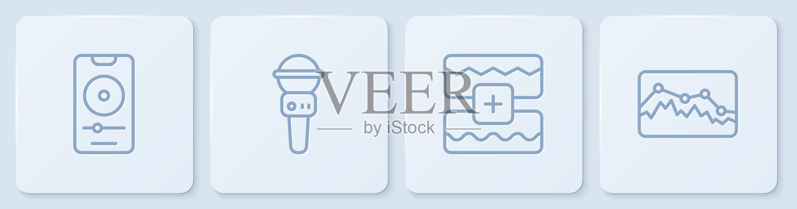 设置线音乐播放器，均衡器，麦克风和。白色正方形按钮。向量图标素材