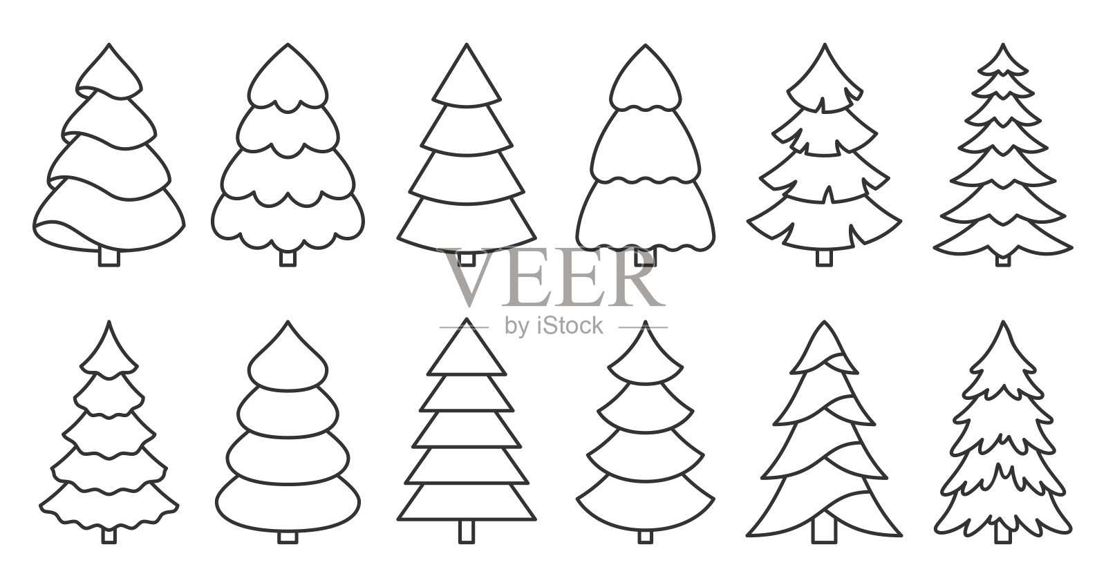 圣诞树图标自然简单的黑色线条设置插画图片素材