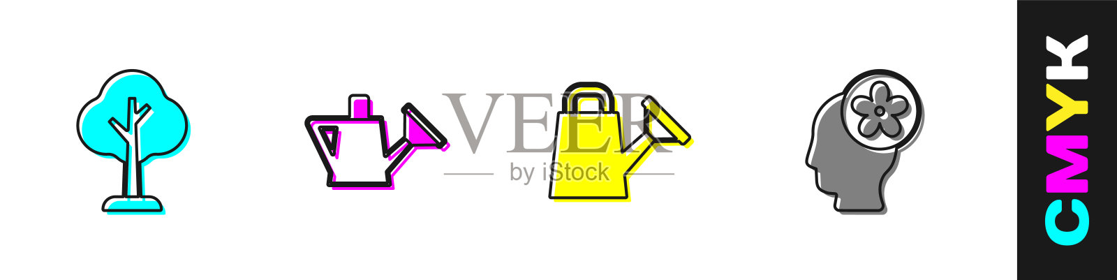 设置森林，喷壶，和人的头与花图标内。向量插画图片素材