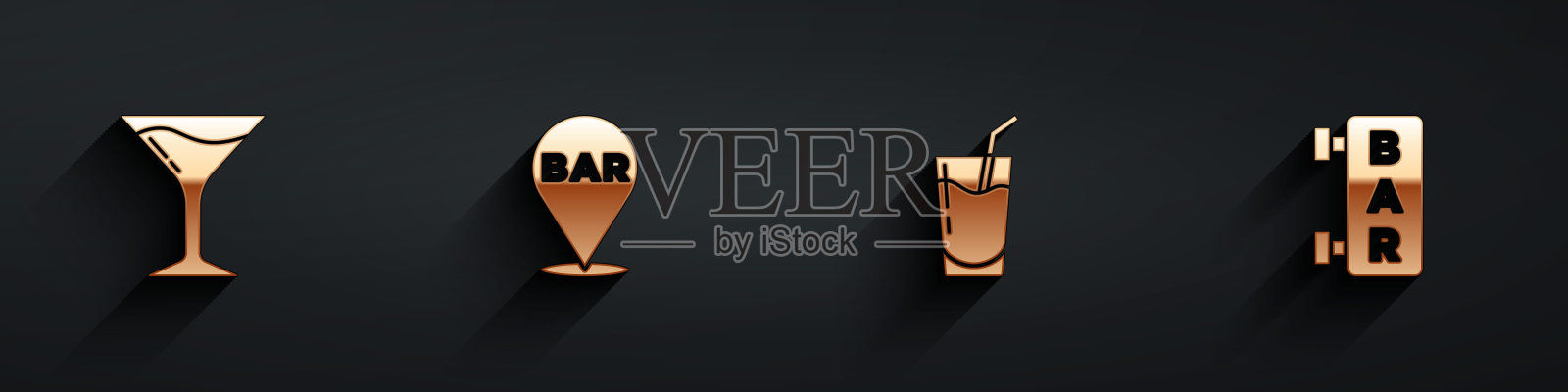 设置马提尼杯，酒精酒吧的位置，鸡尾酒和街道招牌与酒吧图标与长阴影。向量图标素材