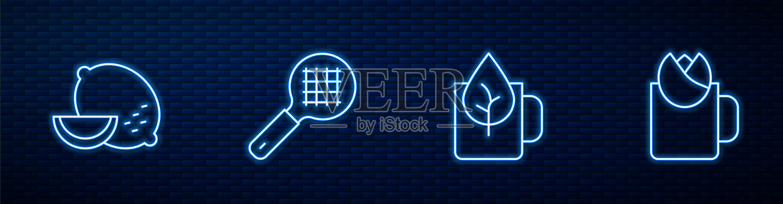 茶叶，柠檬，滤网柄，玫瑰。砖墙上闪烁的霓虹灯图标。向量插画图片素材