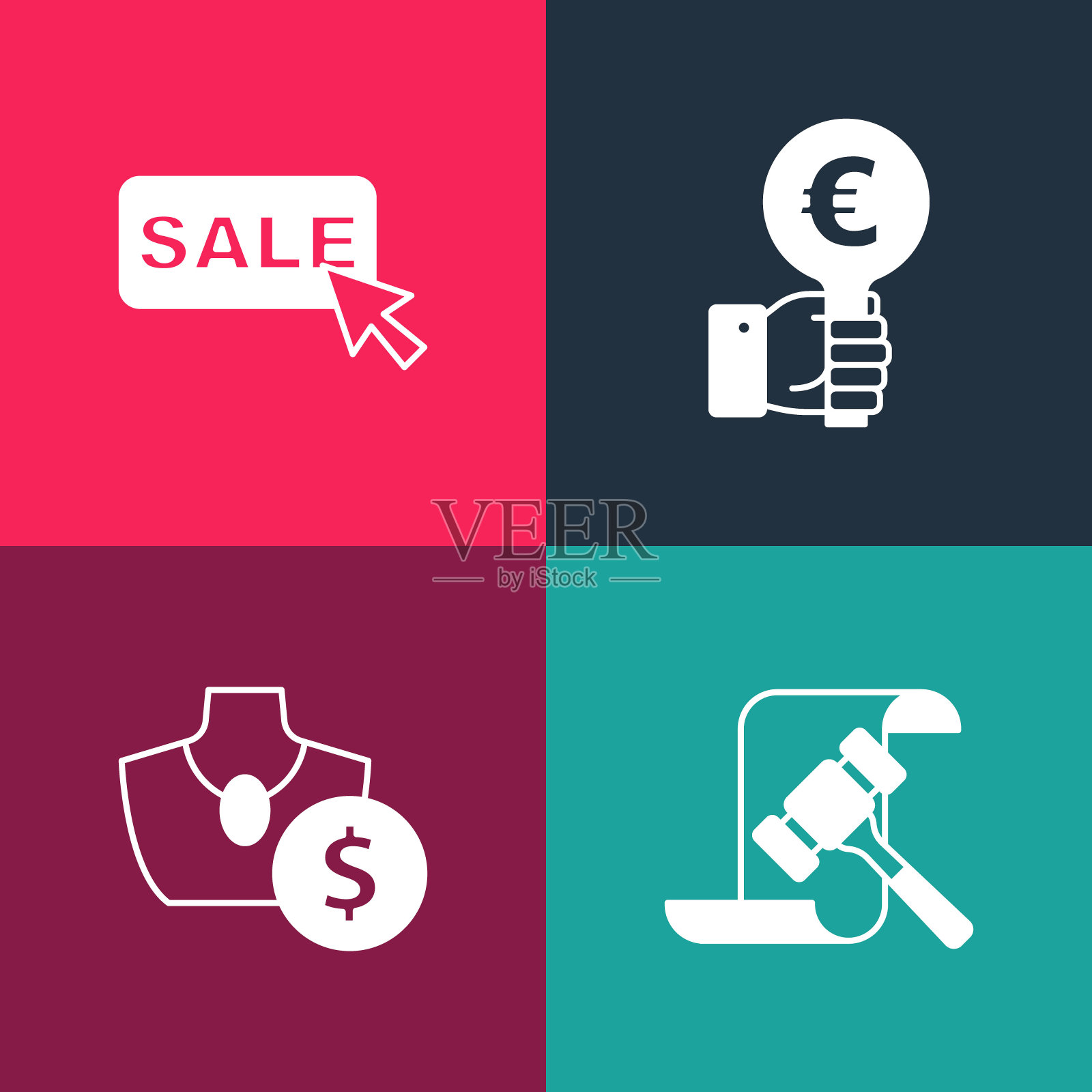 拍卖槌、珠宝销售、拍卖手牌和促销标签波普艺术图案插画图片素材