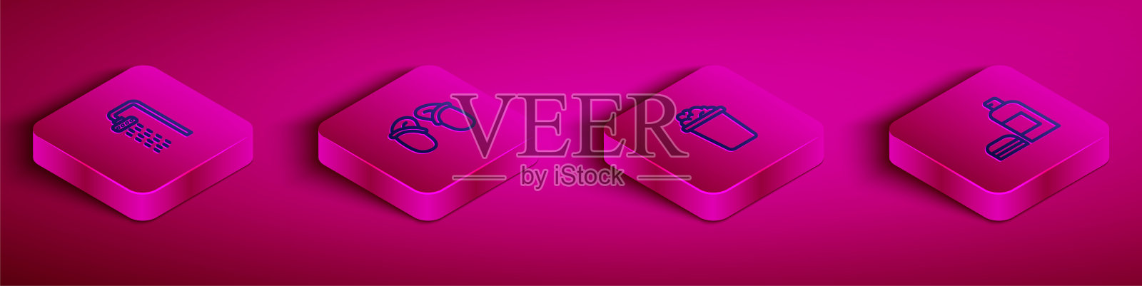 设置等距线淋浴，人字拖，带肥皂泡沫的水桶和洗发水的瓶子图标。向量插画图片素材