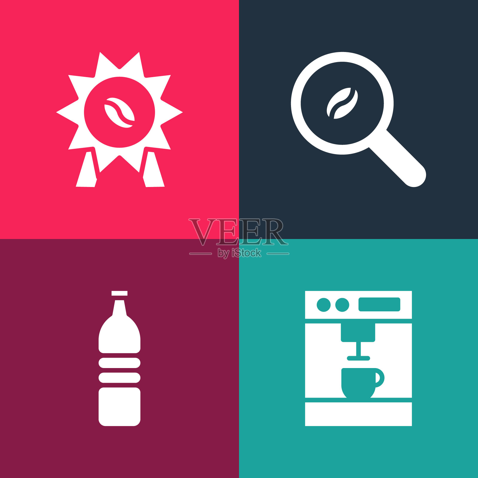 设置波普艺术咖啡机，瓶装水，选择咖啡豆和图标奖章。向量图标素材