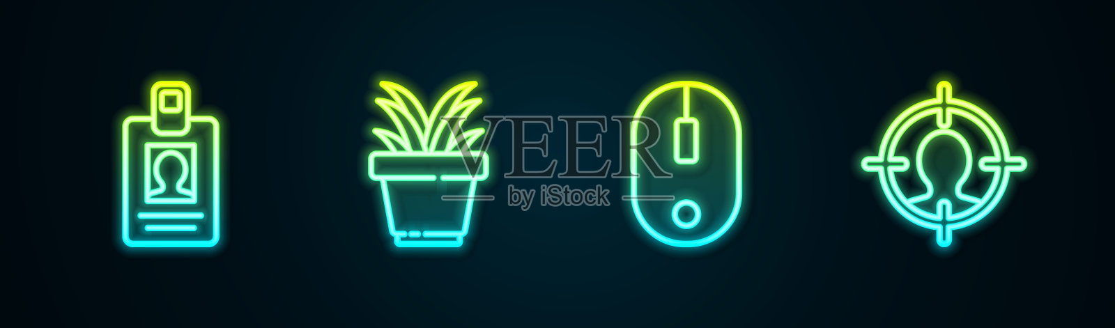 设置线识别徽章，花盆，电脑鼠标和头部狩猎的概念。发光的霓虹灯图标。向量插画图片素材